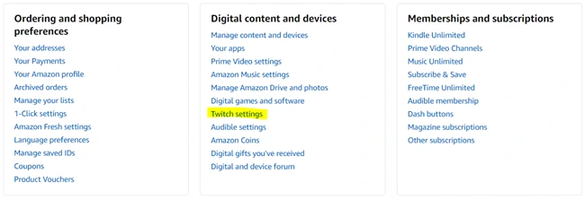 Unlink Twitch Prime Instructions - Amazon Settings